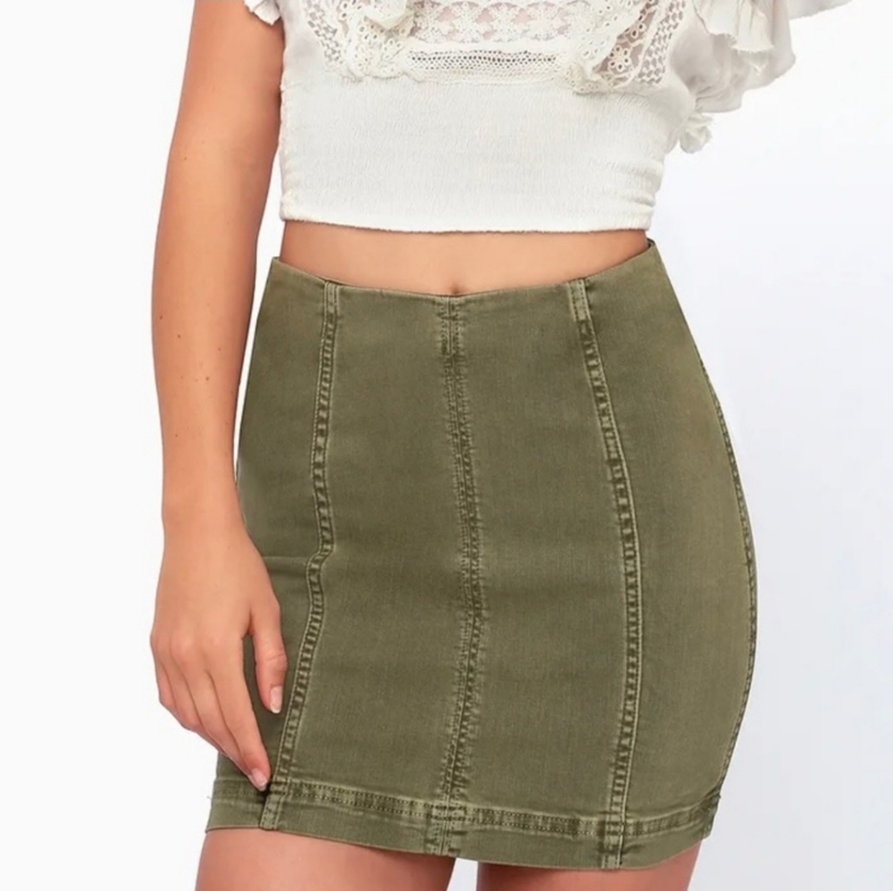 Free People Modern Femme Olive Green Denim Mini Skirt